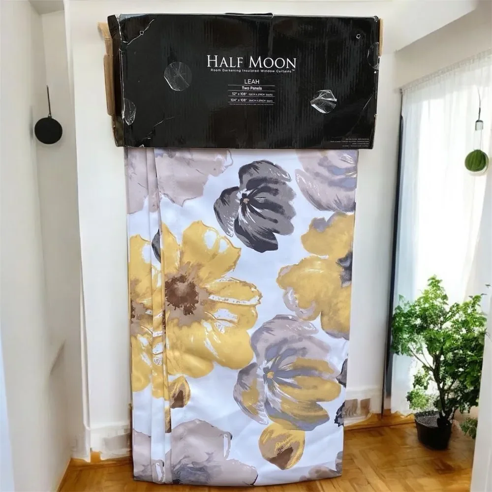 NWT New Half Moon Leah Yellow/White/Grey Floral Curtain Panels 52